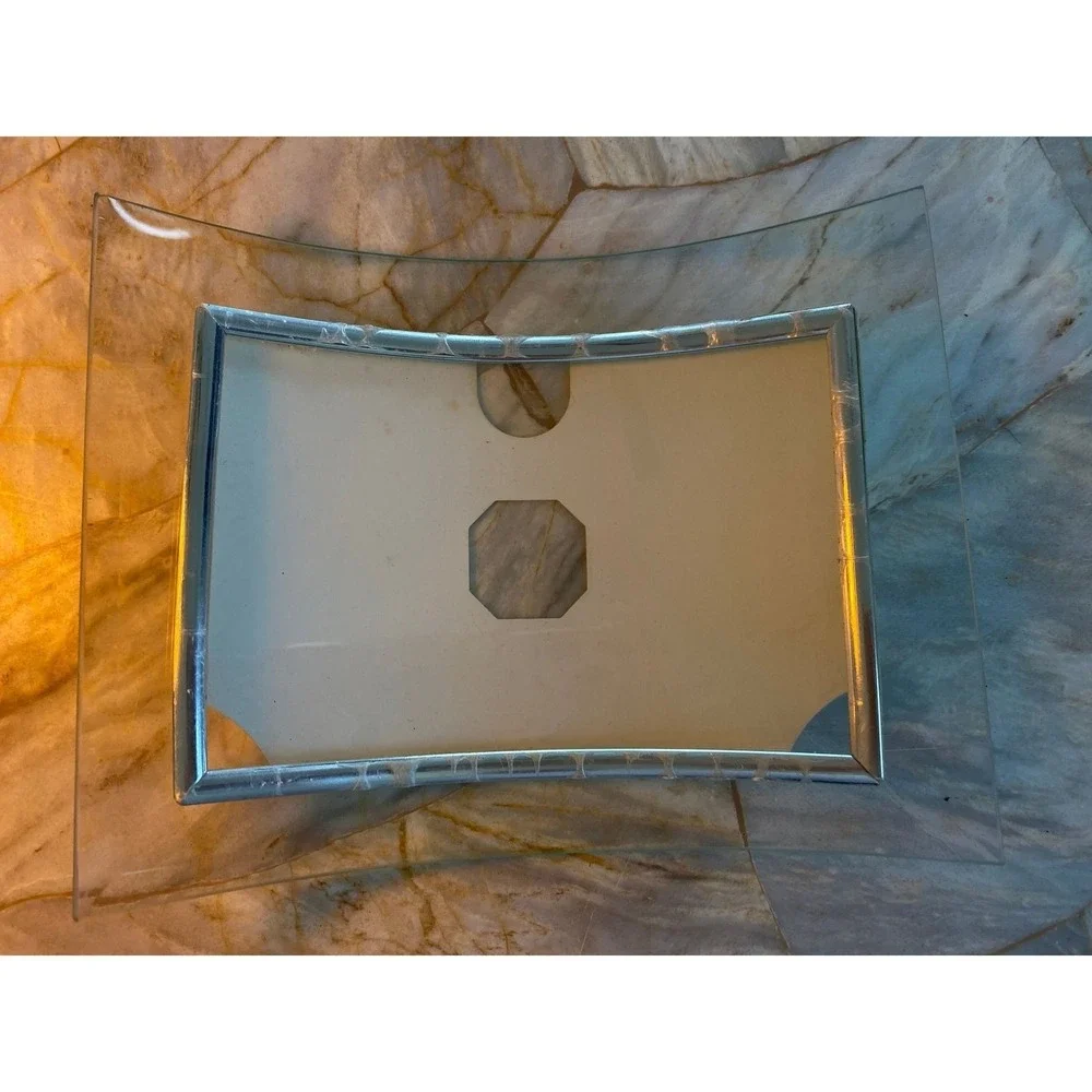 Modern Curved Clear Glass Picture Frame Silver Textured Border Tabletop Decor